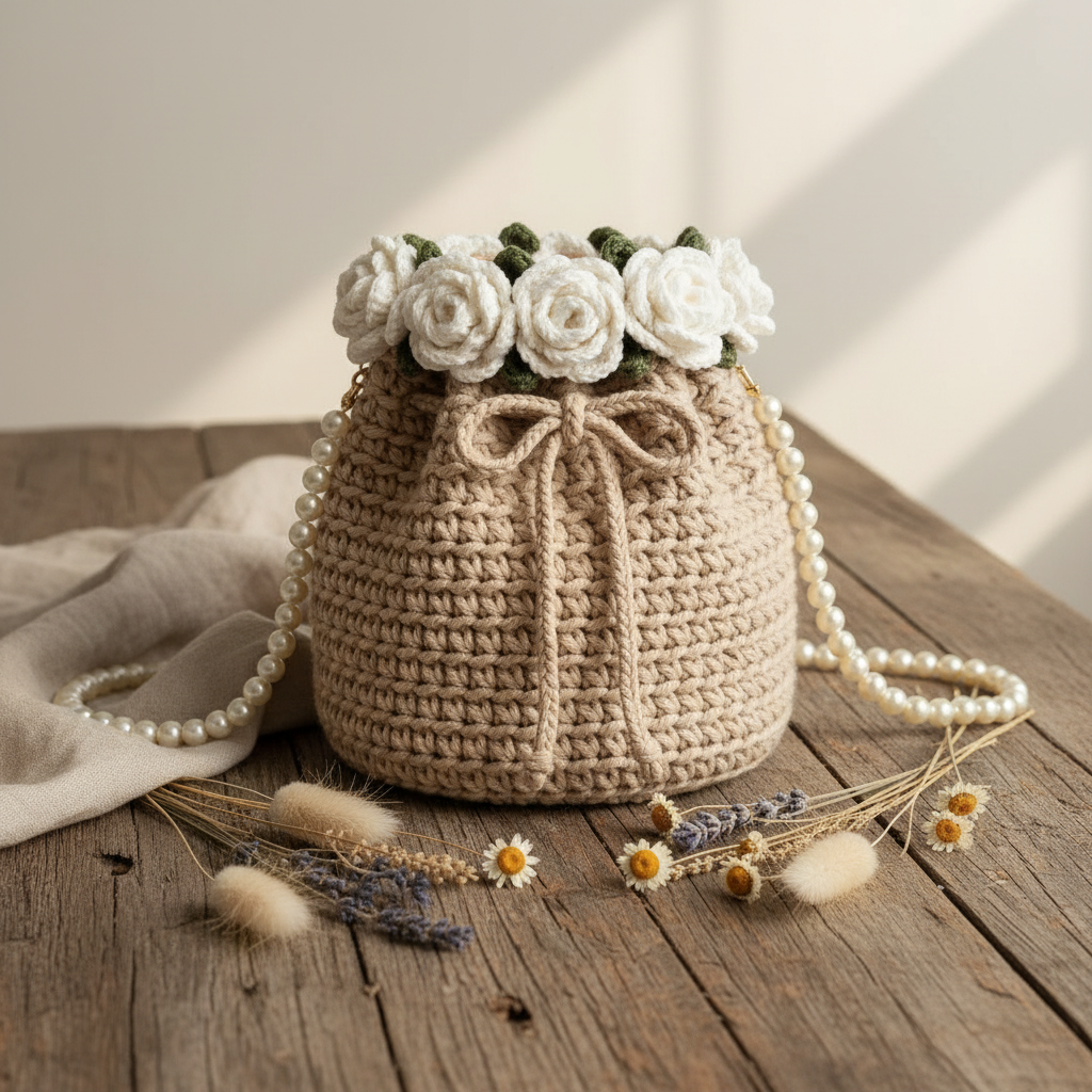 Bow-Shaped Crochet Bag with Pearl & Chain Strap