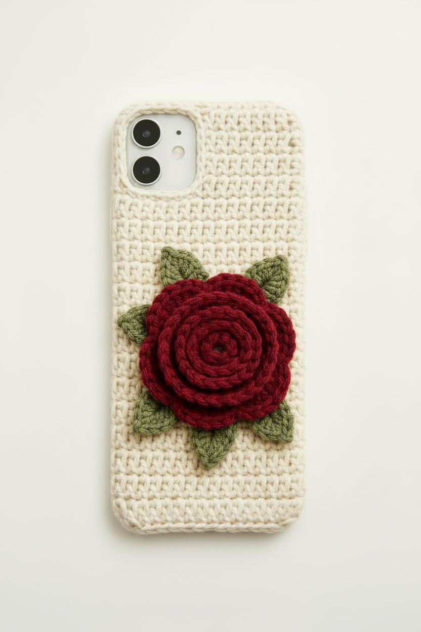 Handmade Crochet Rose Mobile Cover – Boho Phone Case