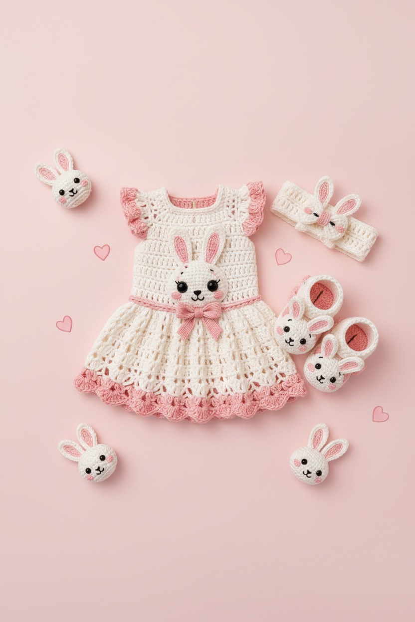 Crochet Bunny Baby Dress Set