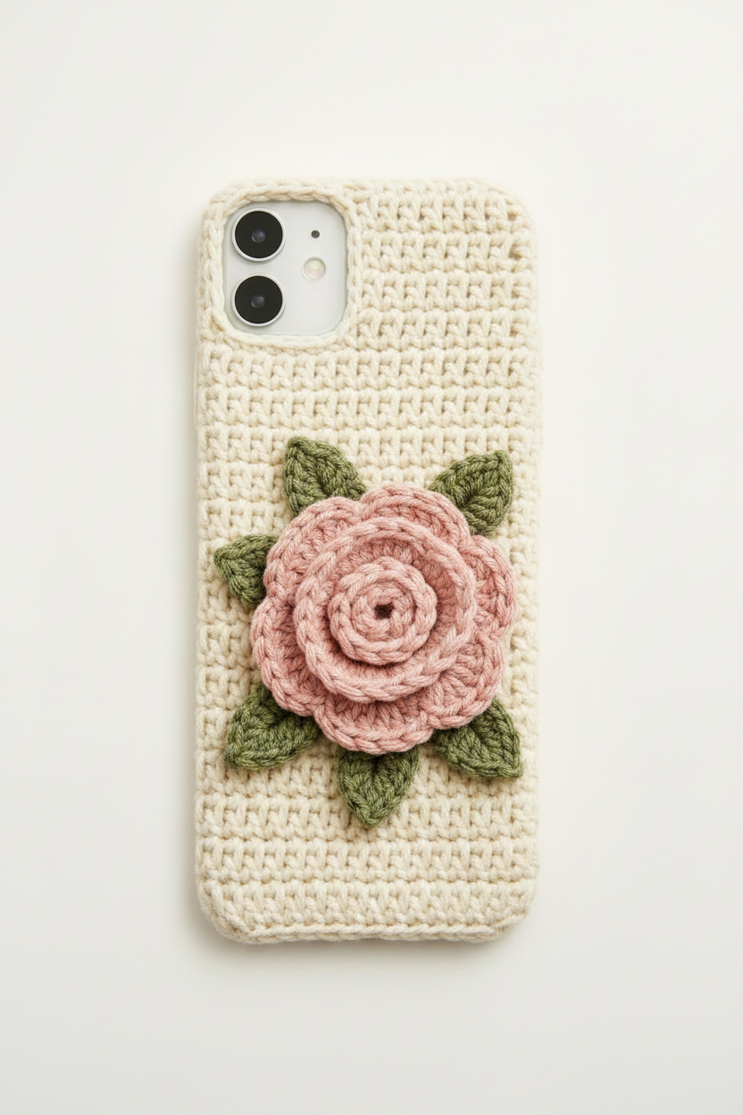 Handmade Crochet Rose Mobile Cover – Boho Phone Case