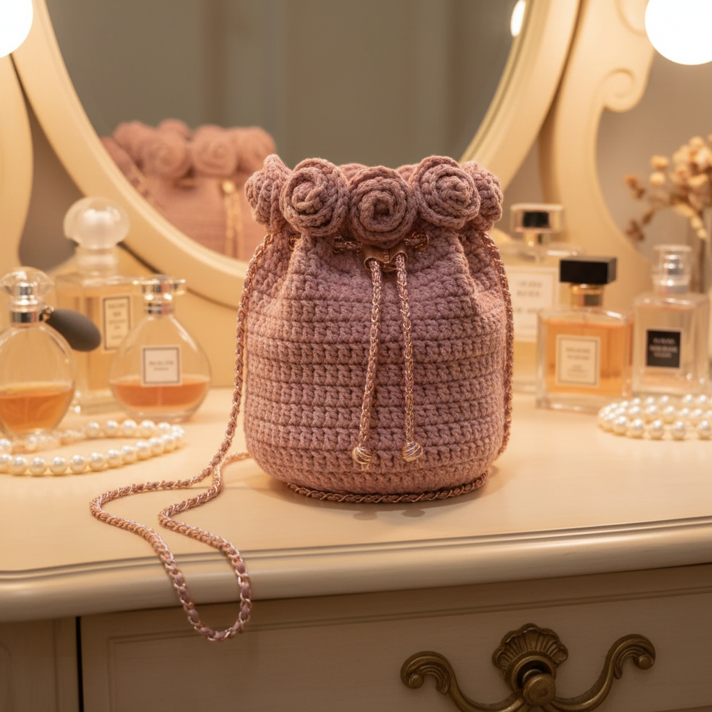 Bow-Shaped Crochet Bag with Pearl & Chain Strap