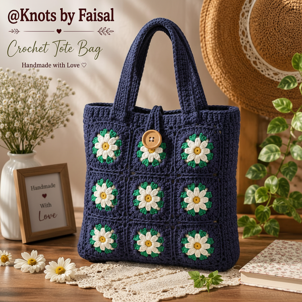 Navy blue crochet daisy tote bag by Knots by Faisal