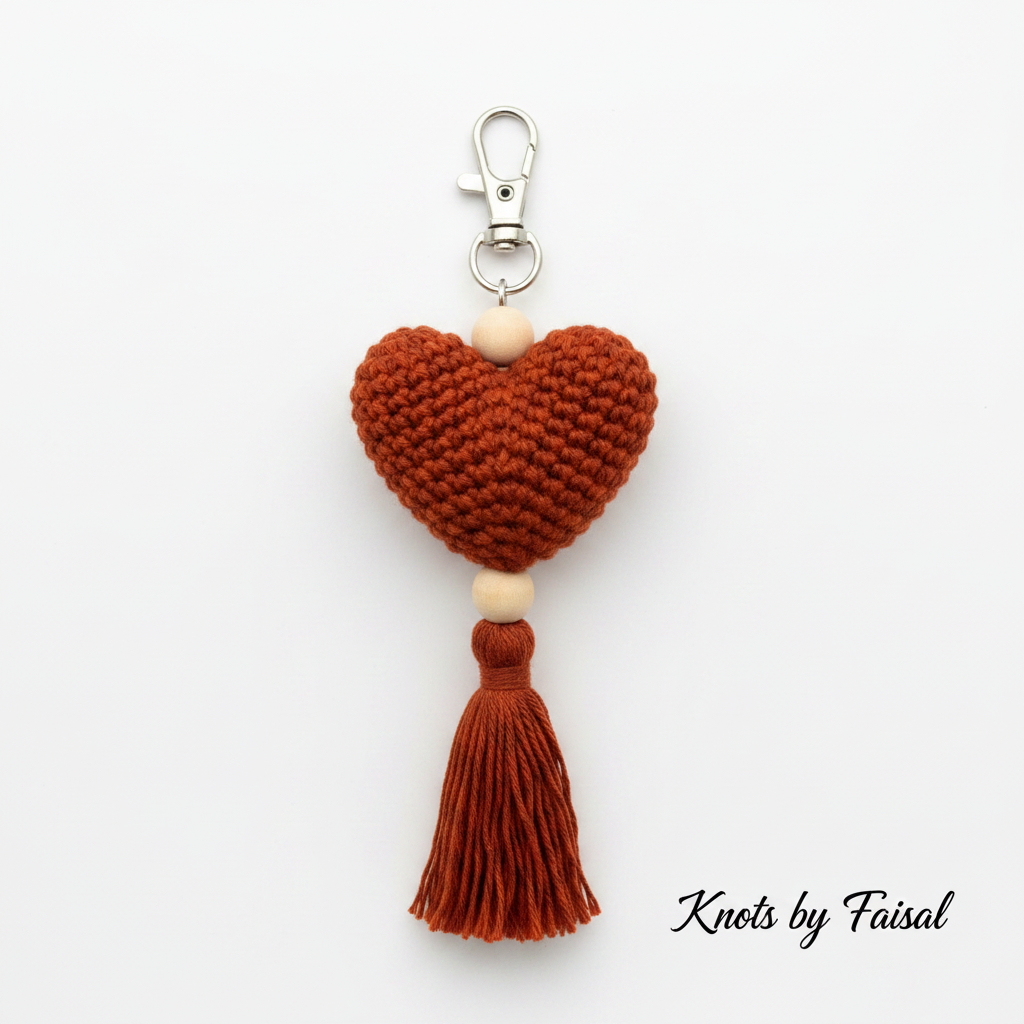 Dark orange crochet heart keychain with tassel by Knots by Faisal
