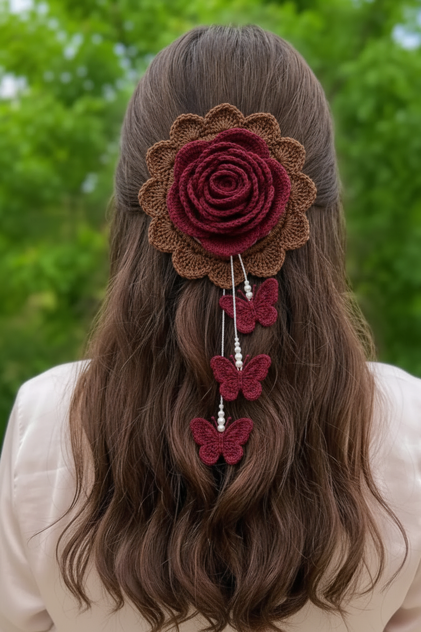Crochet Butterfly Rose Hair Clip - Brown & Maroon