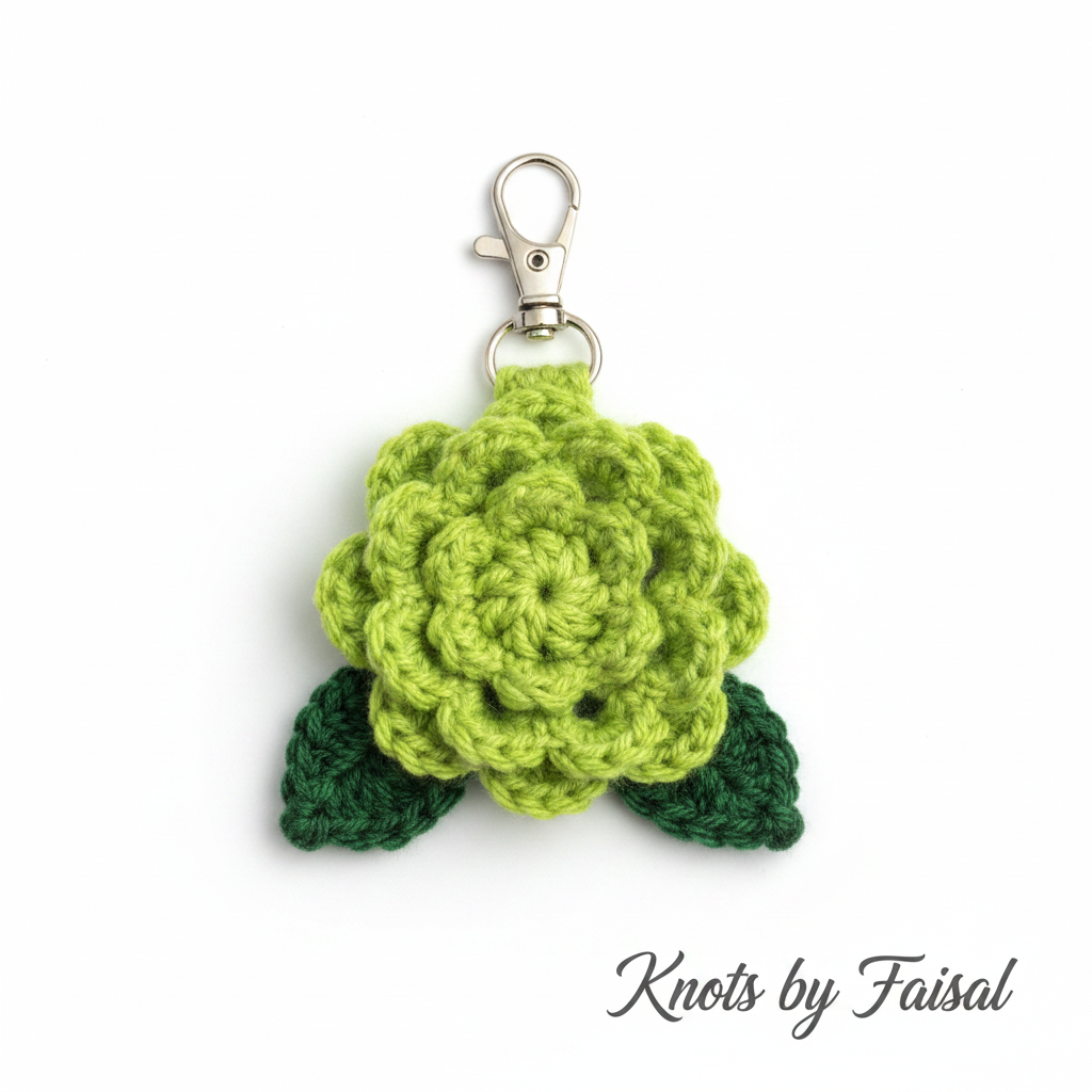 Green crochet flower keychain by Knots by Faisal