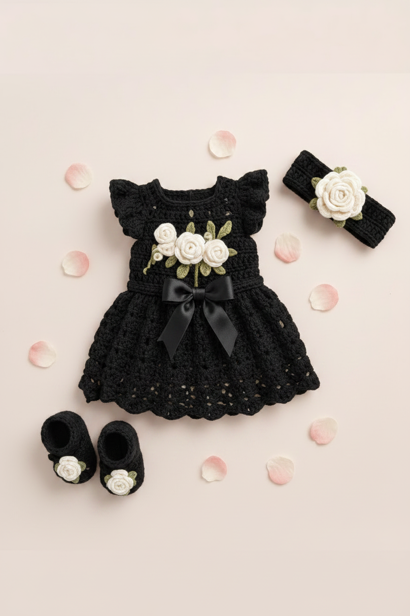 Handmade crochet black rose baby frock set