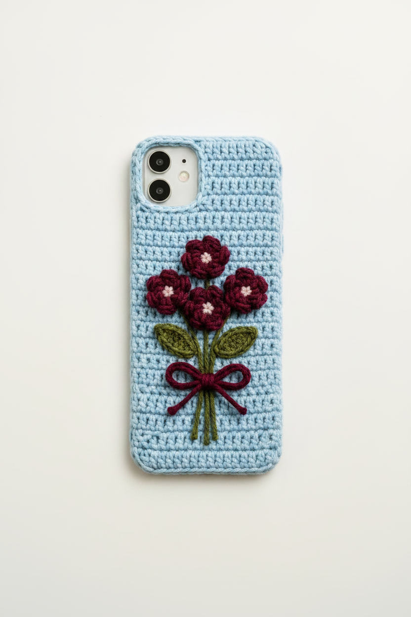Crochet Bouquet Phone Case - Blue with Maroon Bouquet