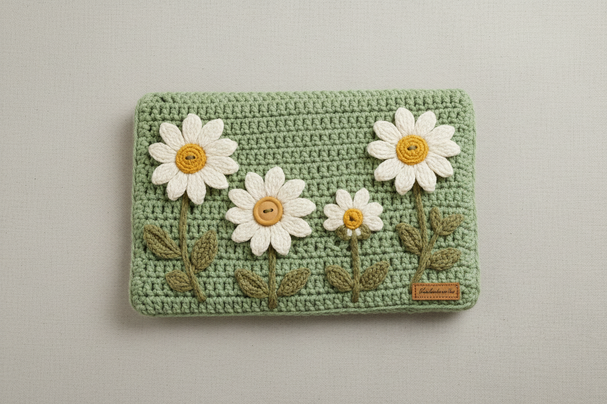 Crochet Daisy Laptop Cover - Sage Green