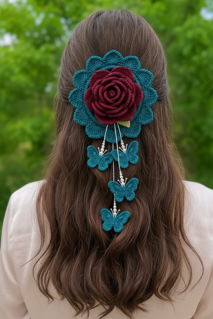 Crochet Butterfly Rose Hair Clip - Teal & Maroon