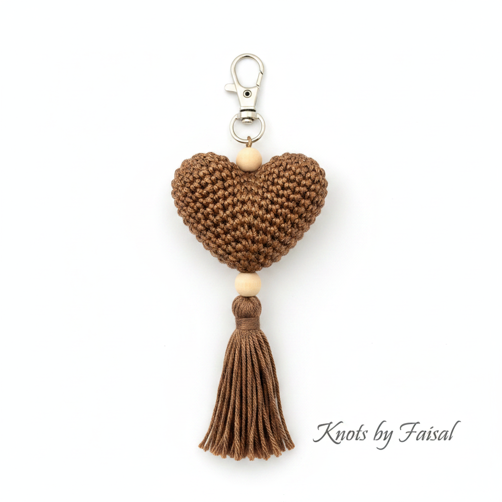 Bronze crochet heart keychain with tassel by Knots by Faisal