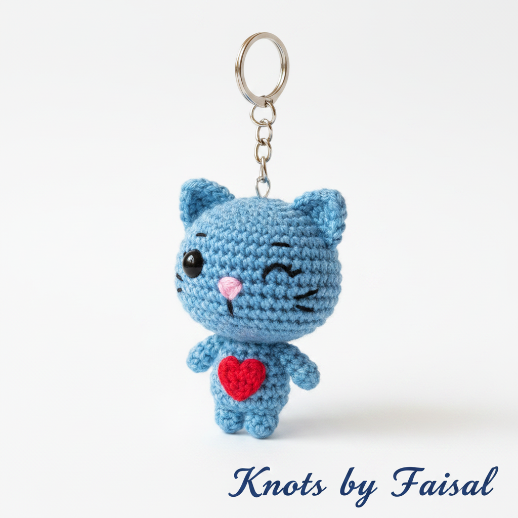 Blue crochet cat keychain by Knots by Faisal