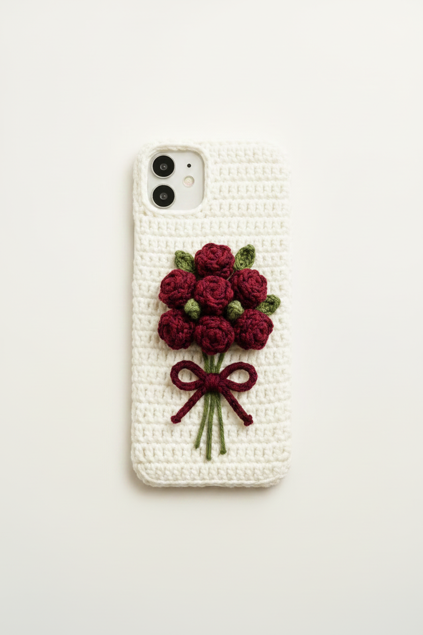 Crochet Bouquet Phone Case - White with Maroon Bouquet