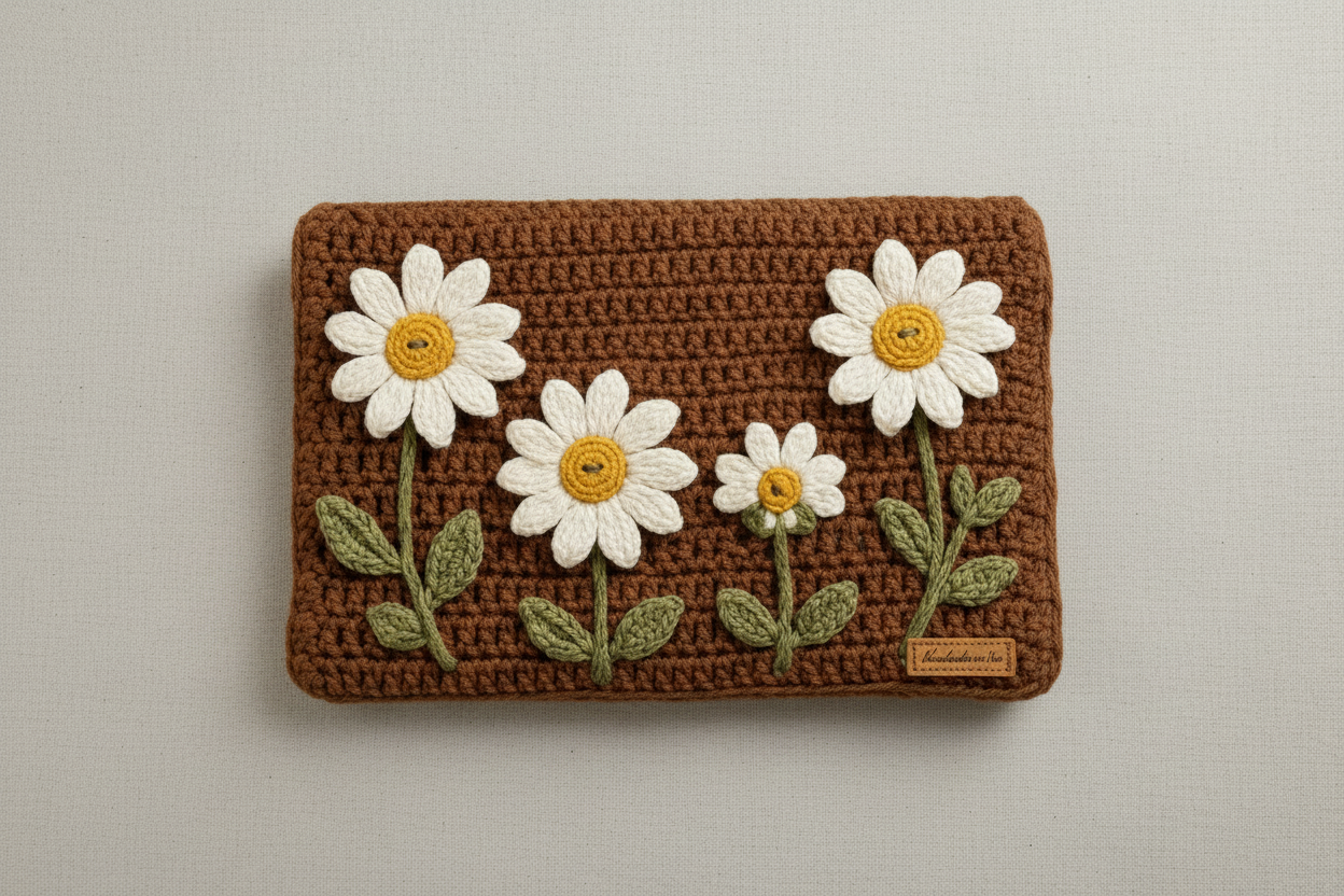 Crochet Daisy Laptop Cover - Brown