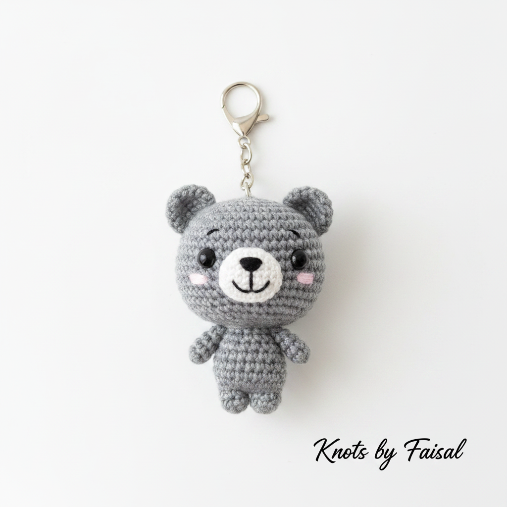 Grey crochet bear keychain by Knots by Faisal