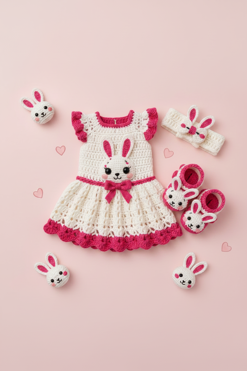 Crochet Bunny Baby Dress Set - Pink