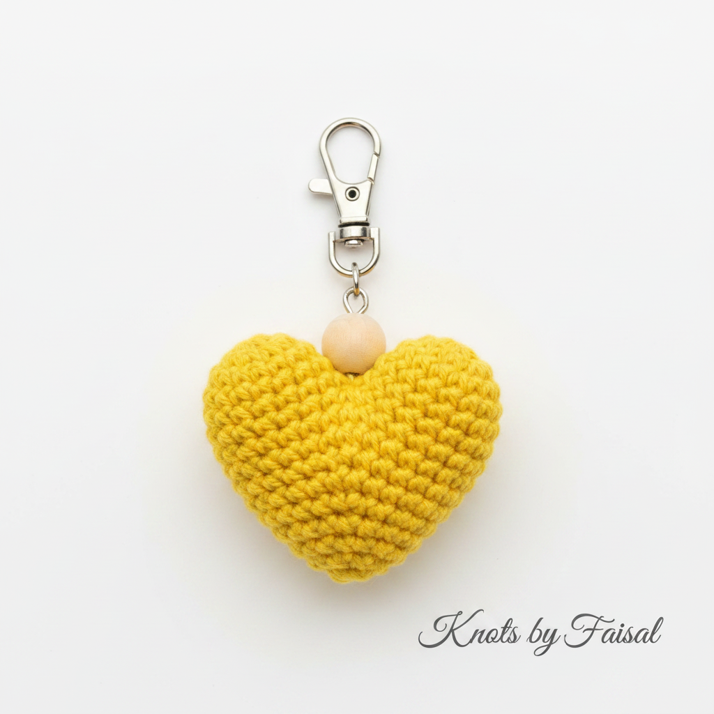 Yellow crochet heart keychain by Knots by Faisal