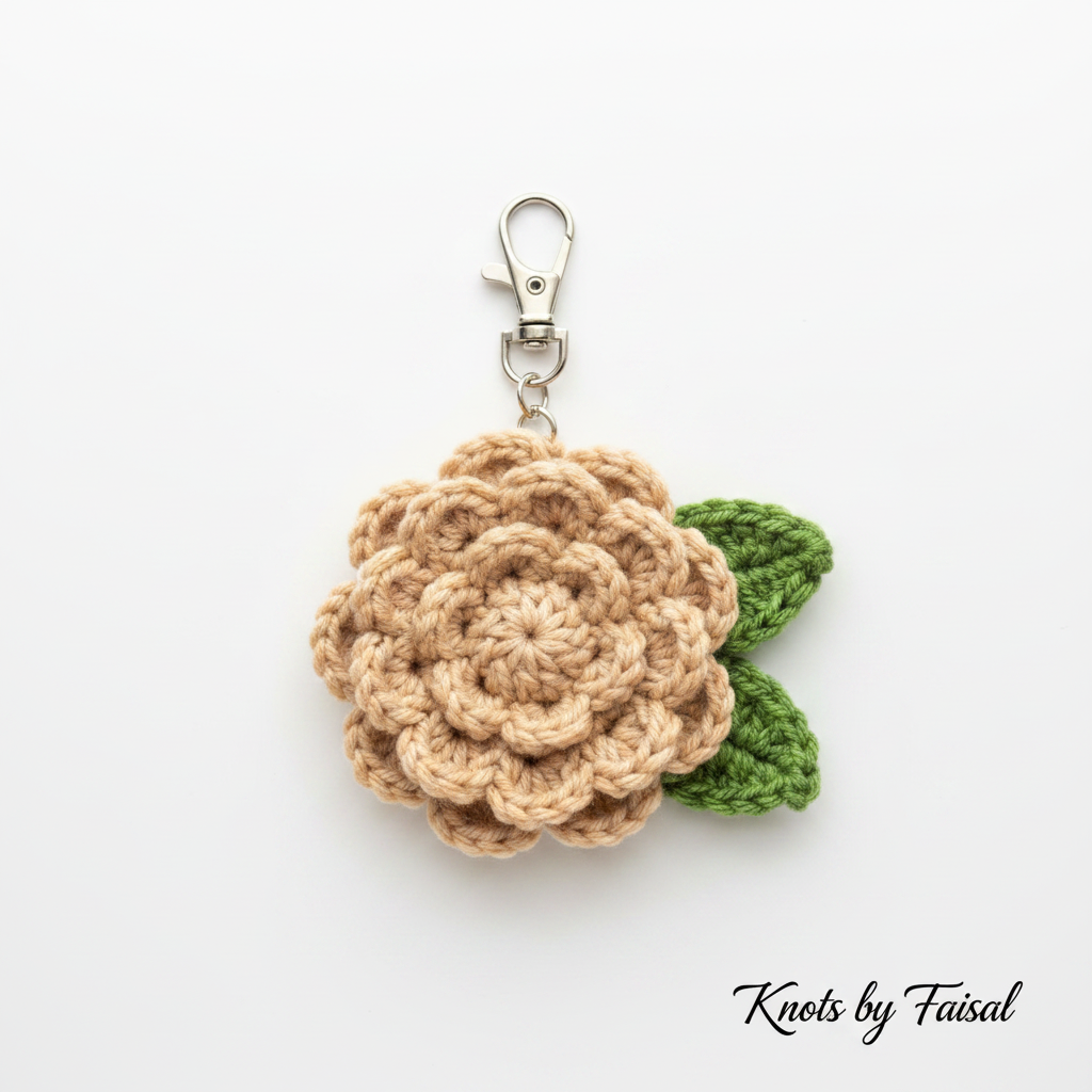 Beige crochet flower keychain by Knots by Faisal