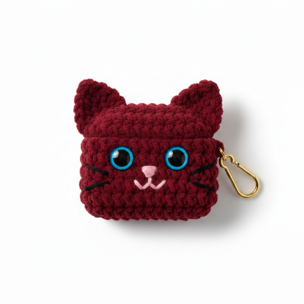 Crochet Cat AirPods Case - Maroon