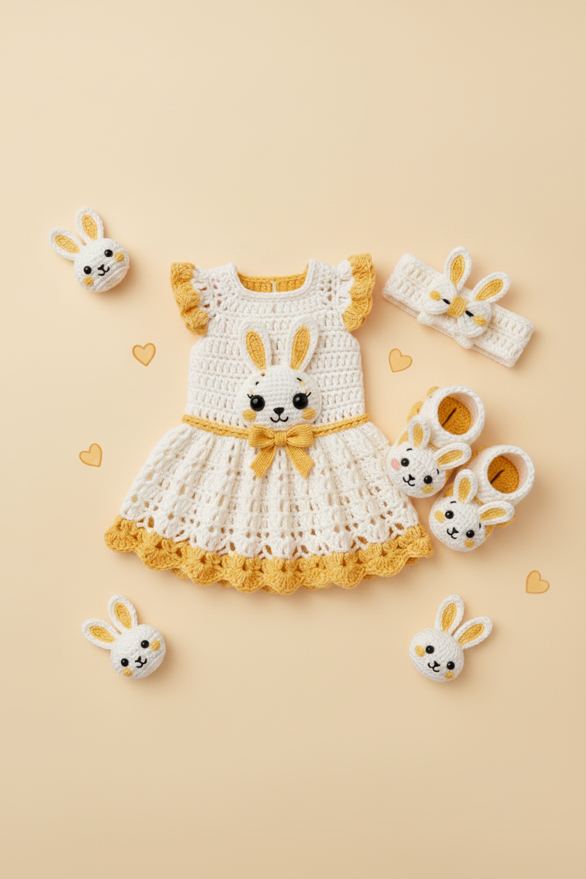 Crochet Bunny Baby Dress Set - Yellow