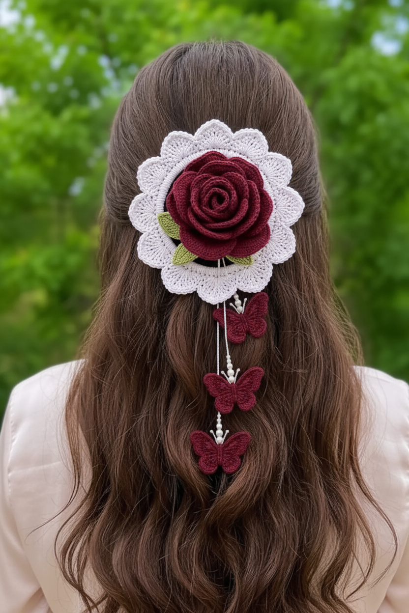 Crochet Butterfly Rose Hair Clip - Maroon lifestyle