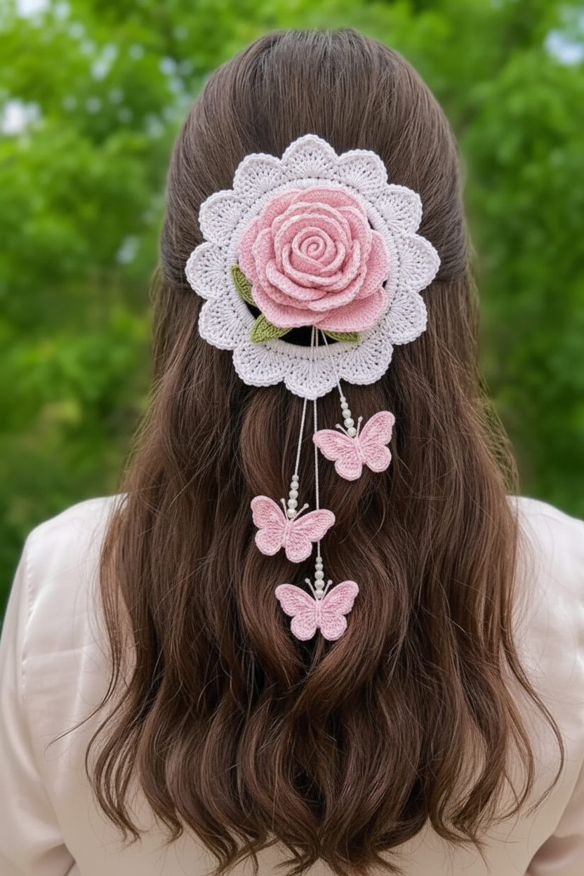 Crochet Butterfly Rose Hair Clip - White & Pink