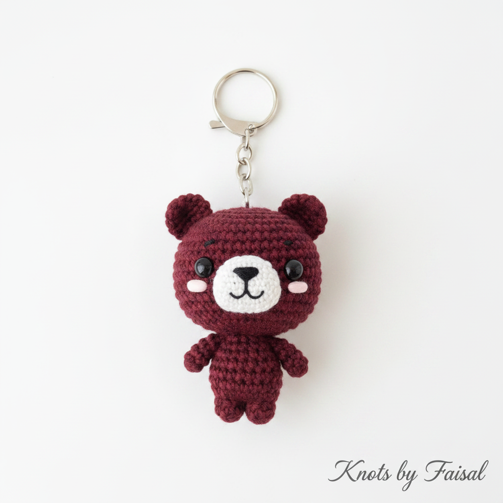 Maroon crochet bear keychain by Knots by Faisal