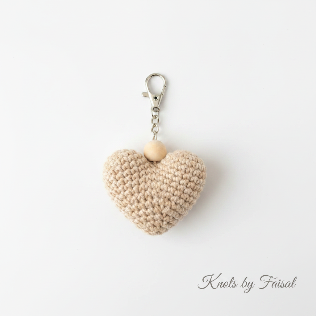 Beige crochet heart keychain by Knots by Faisal