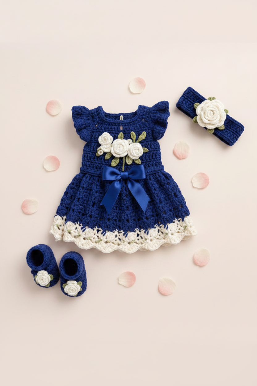 Handmade crochet royal blue rose baby frock set
