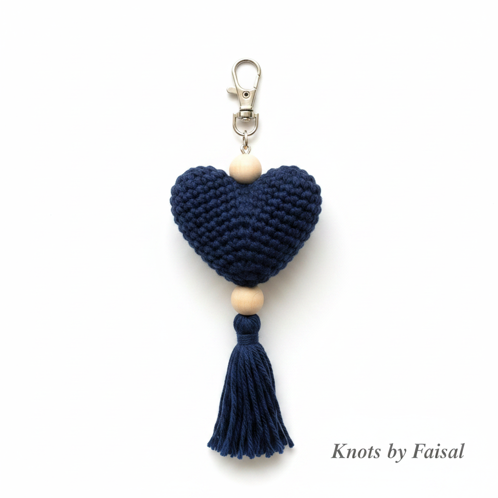 Navy crochet heart keychain with tassel by Knots by Faisal
