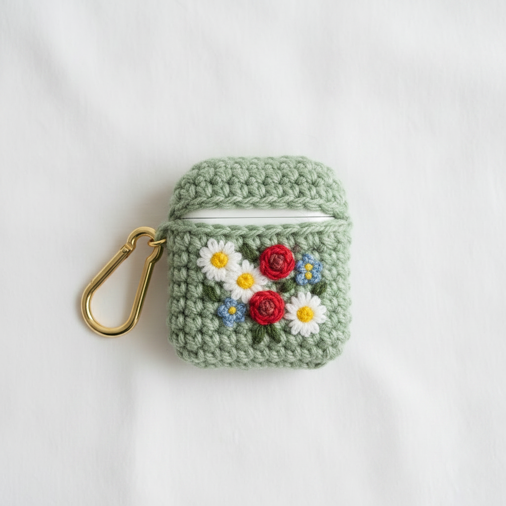 Crochet Floral AirPods Case - Sage Green