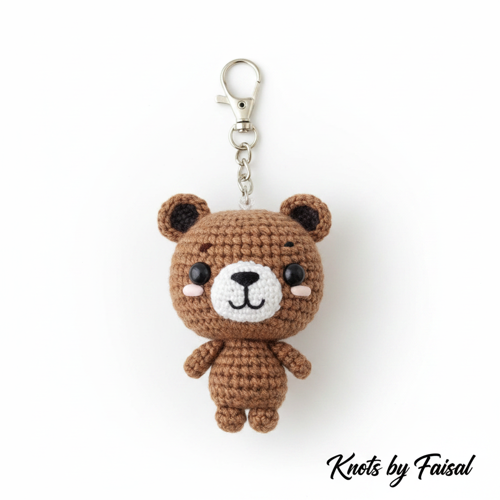 Brown crochet bear keychain by Knots by Faisal