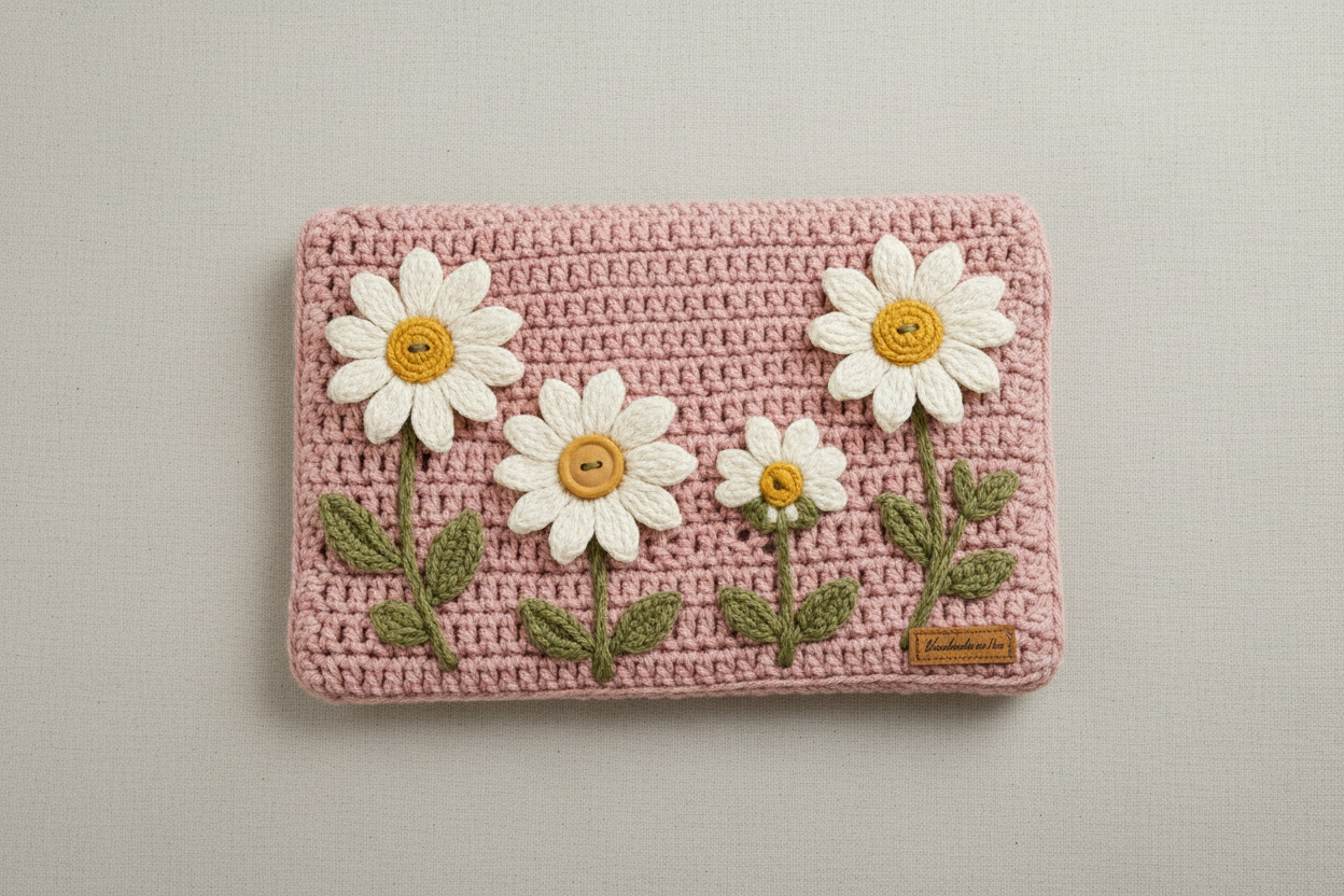 Crochet Daisy Laptop Cover - Dusty Pink
