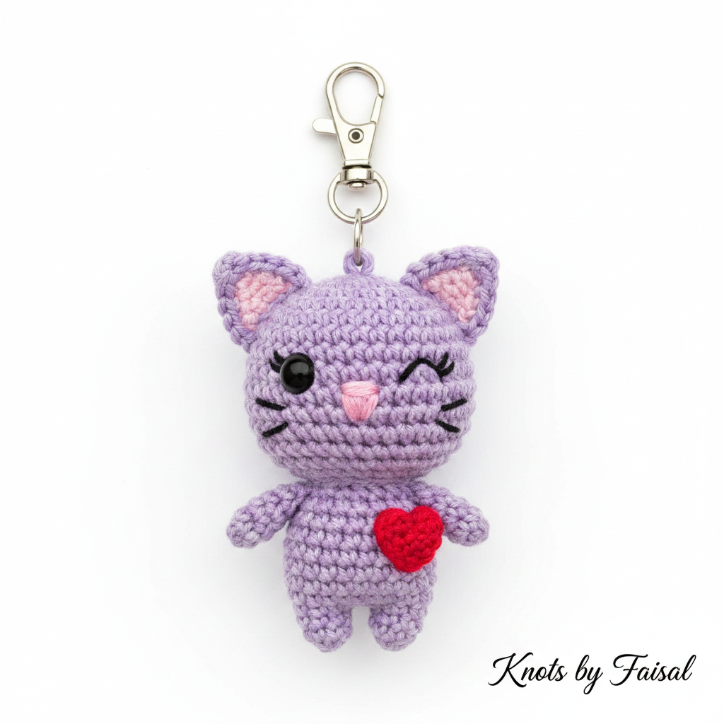 Lavender crochet cat keychain by Knots by Faisal