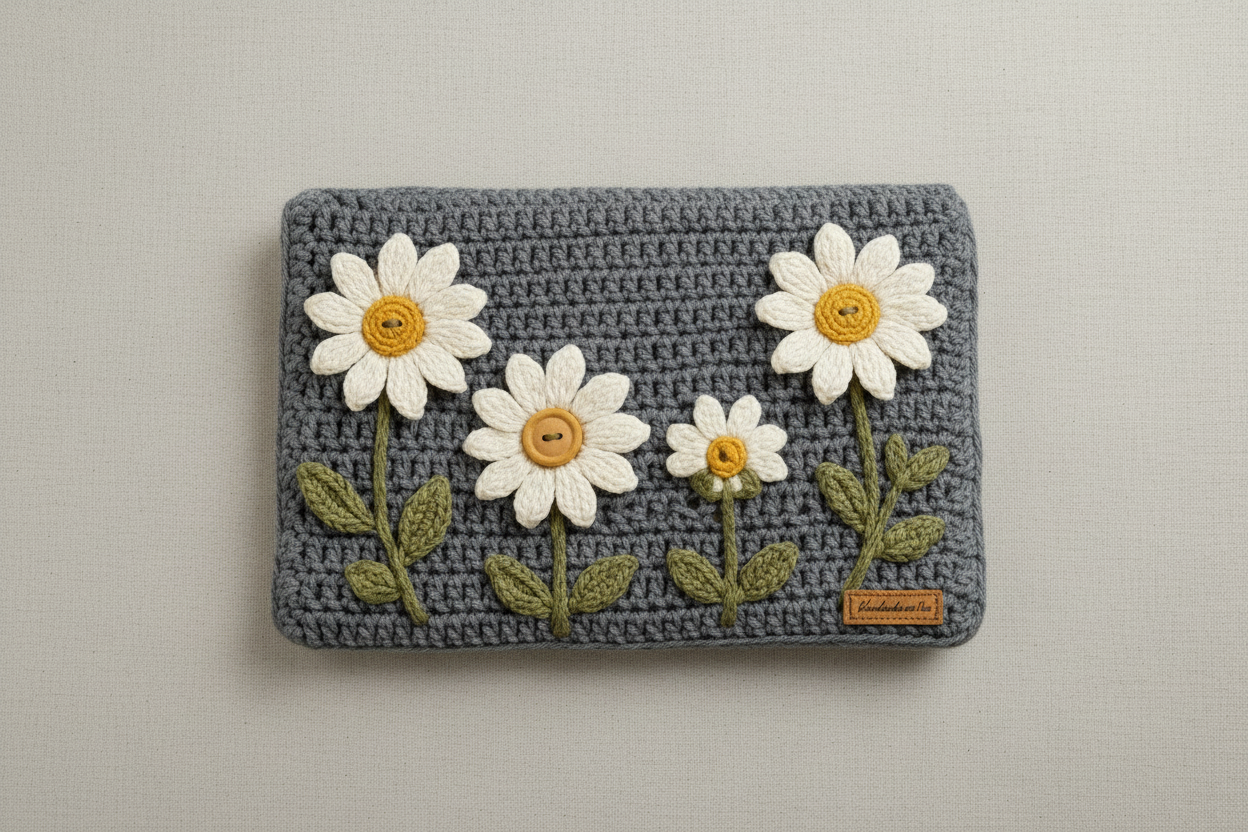 Crochet Daisy Laptop Cover - Charcoal Grey
