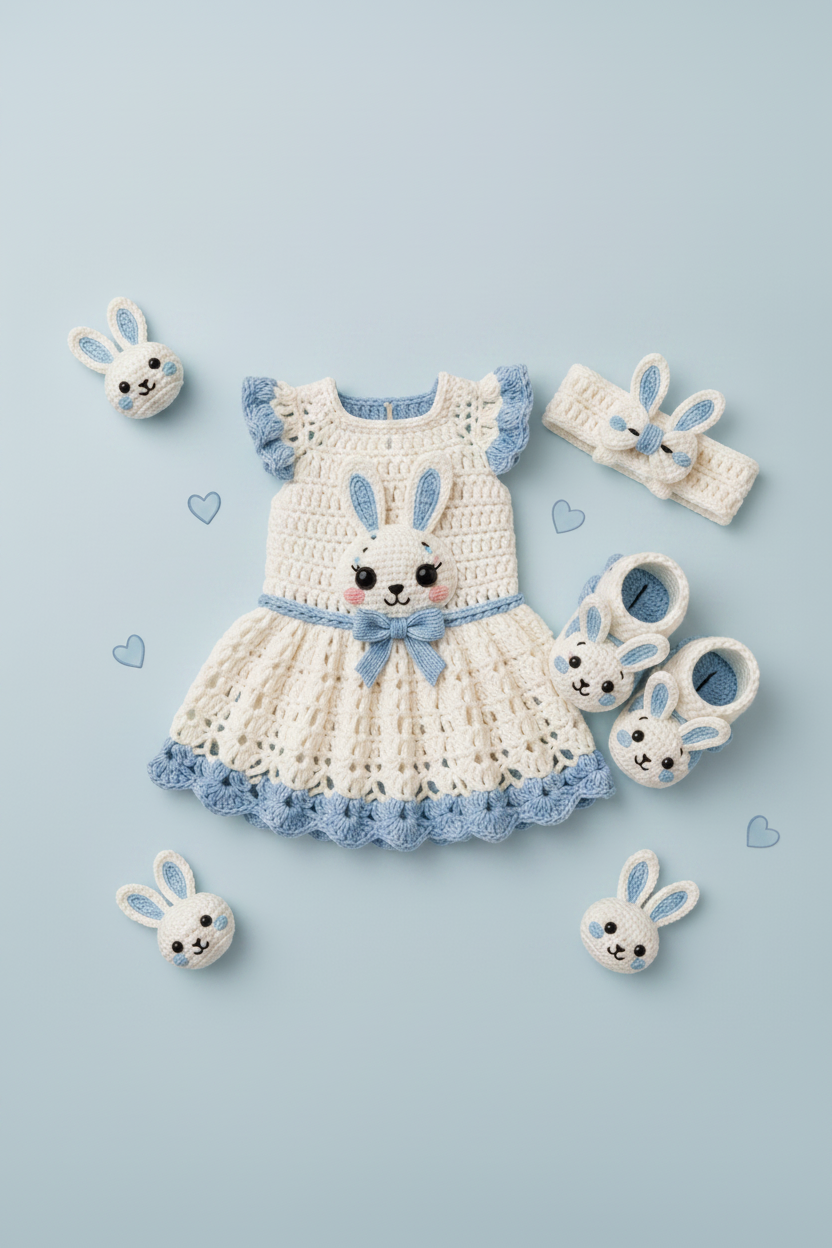 Crochet Bunny Baby Dress Set - Blue