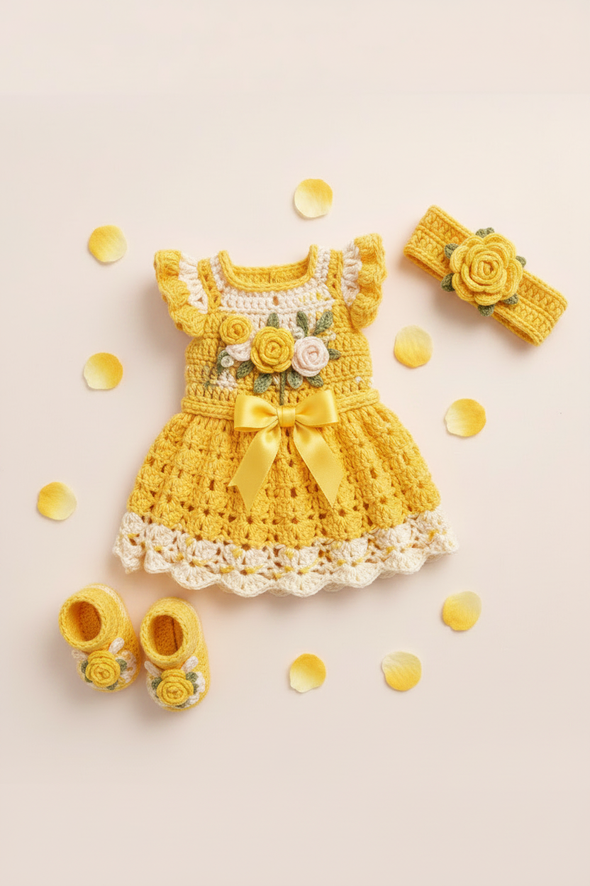Handmade crochet yellow rose baby frock set