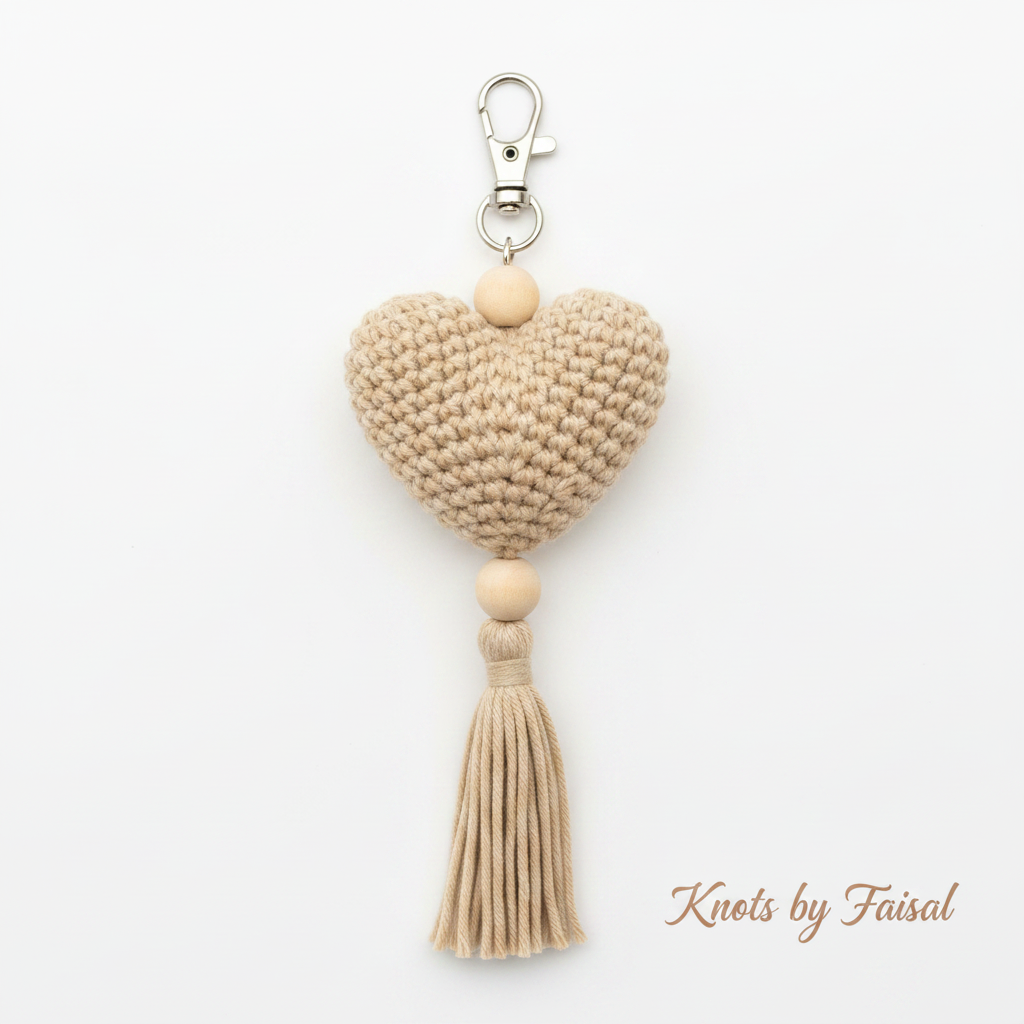 Beige crochet heart keychain with tassel by Knots by Faisal