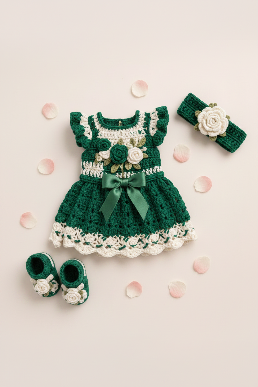 Handmade crochet emerald green rose baby frock set