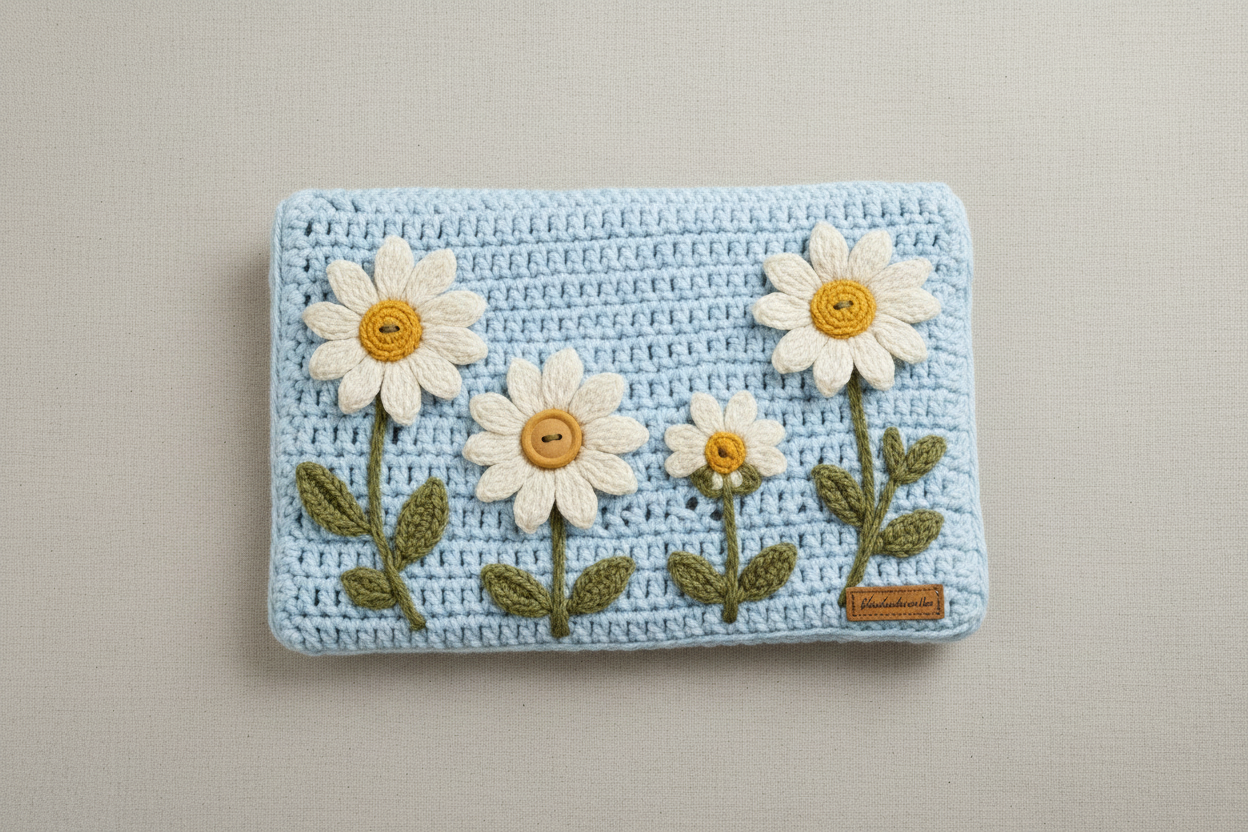 Crochet Daisy Laptop Cover - Sky Blue