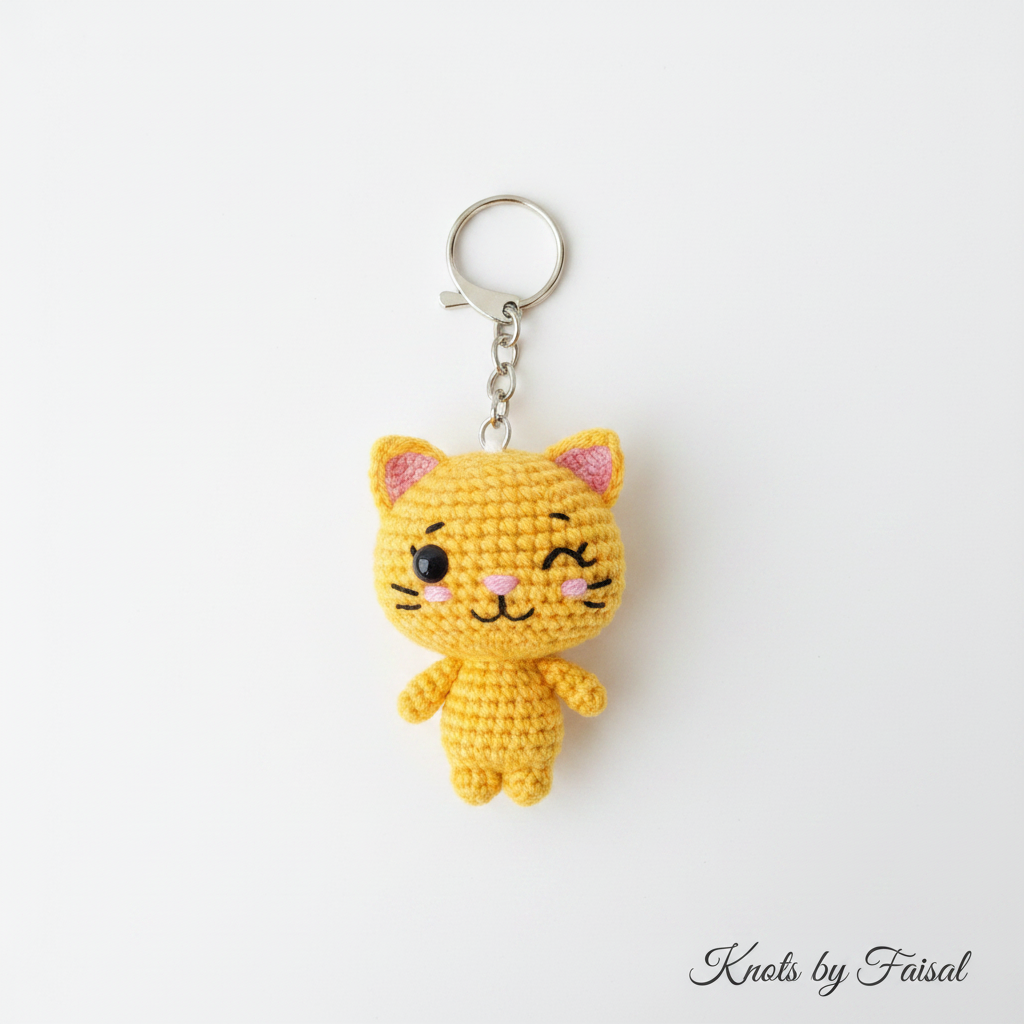 Yellow crochet cat keychain by Knots by Faisal