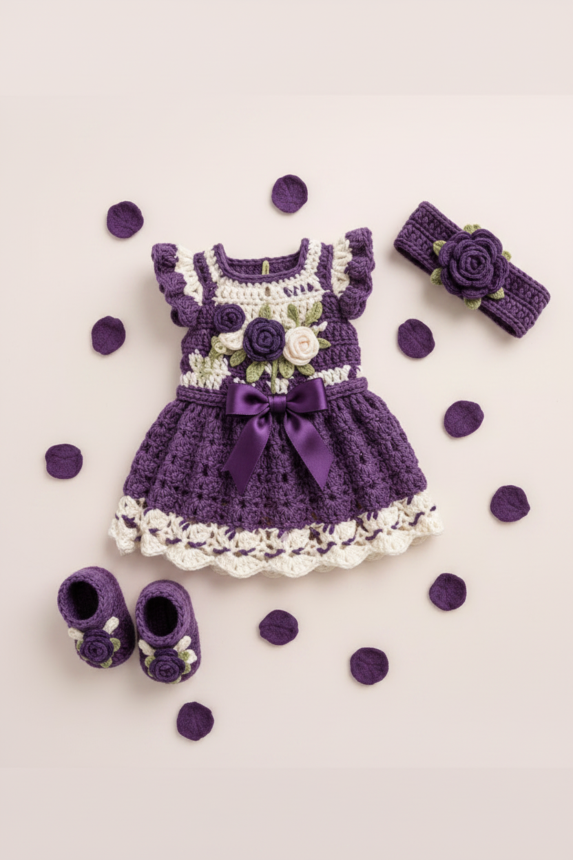 Handmade crochet violet rose baby frock set