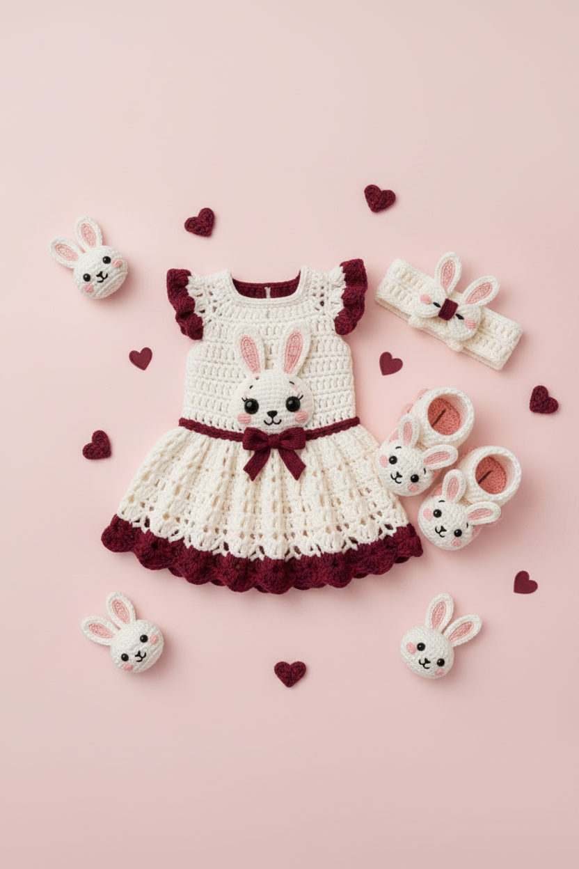 Crochet Bunny Baby Dress Set - Maroon