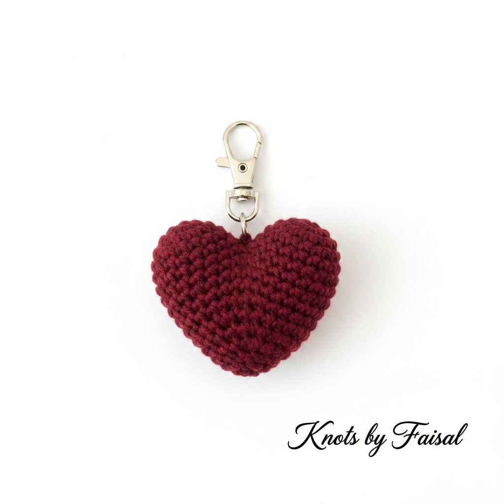 Maroon crochet heart keychain by Knots by Faisal