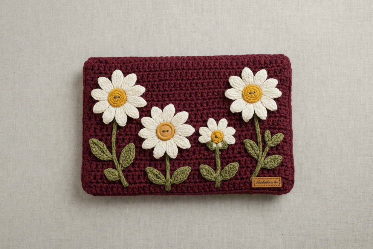Crochet Daisy Laptop Cover - Maroon