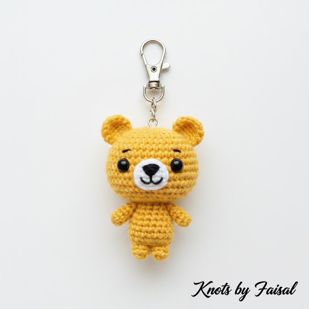 Yellow crochet bear keychain by Knots by Faisal