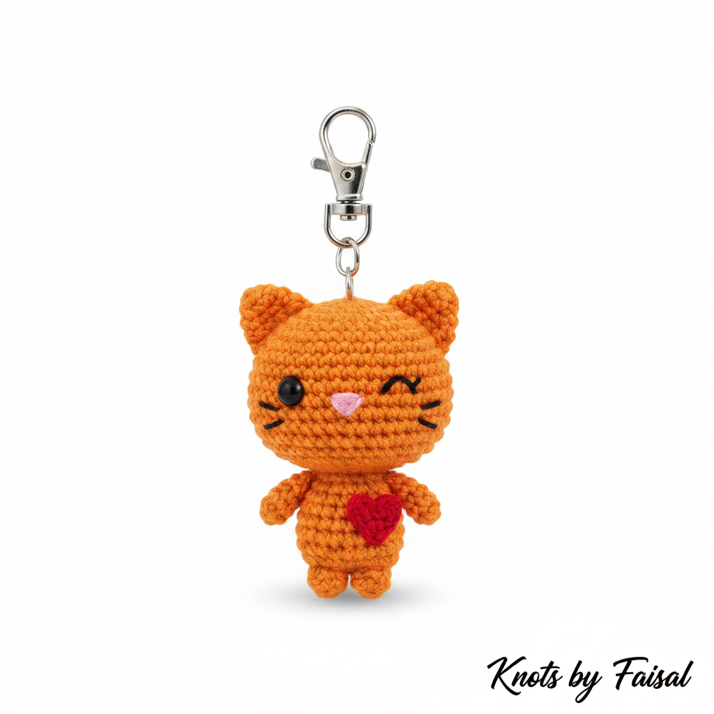 Orange crochet cat keychain by Knots by Faisal