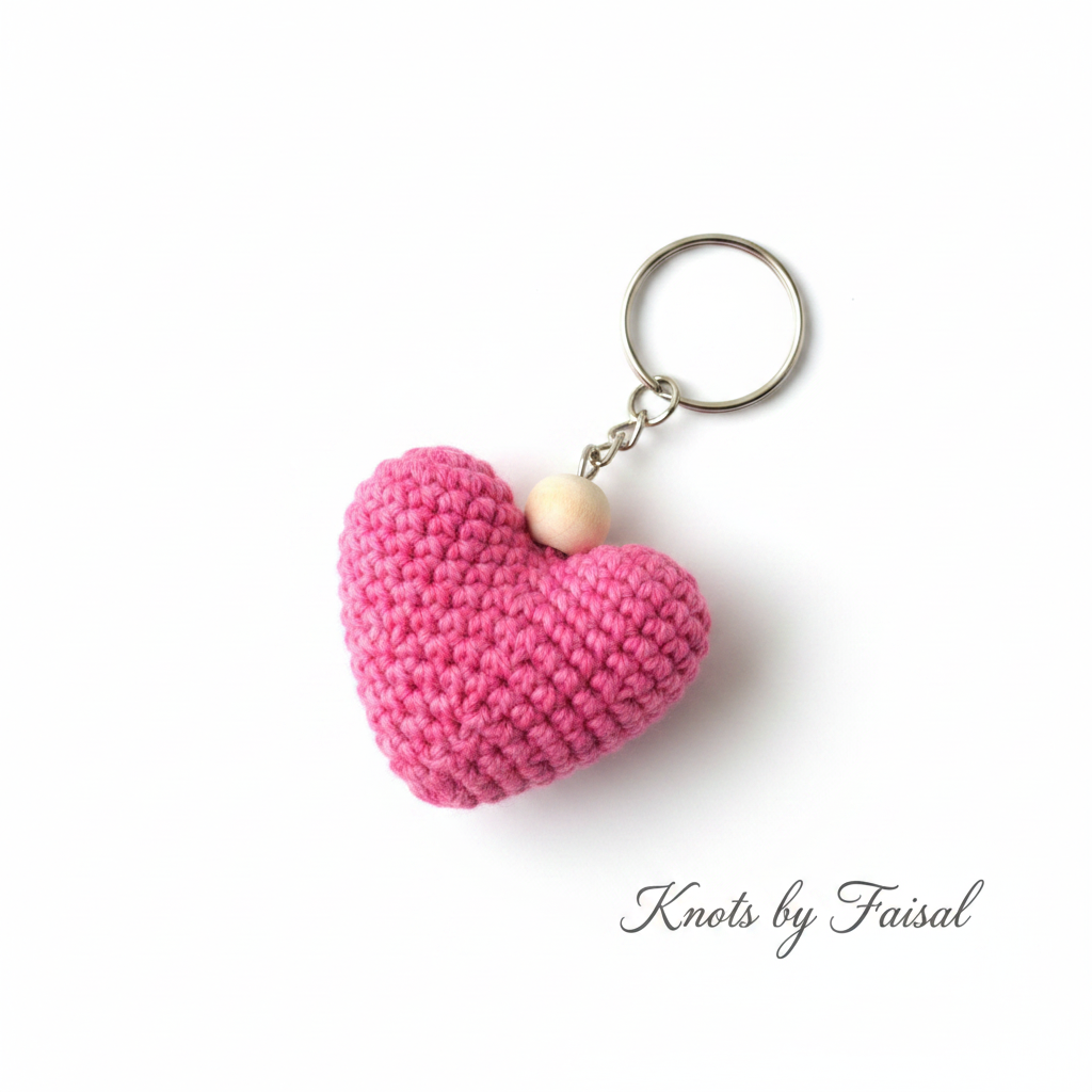 Pink crochet heart keychain by Knots by Faisal
