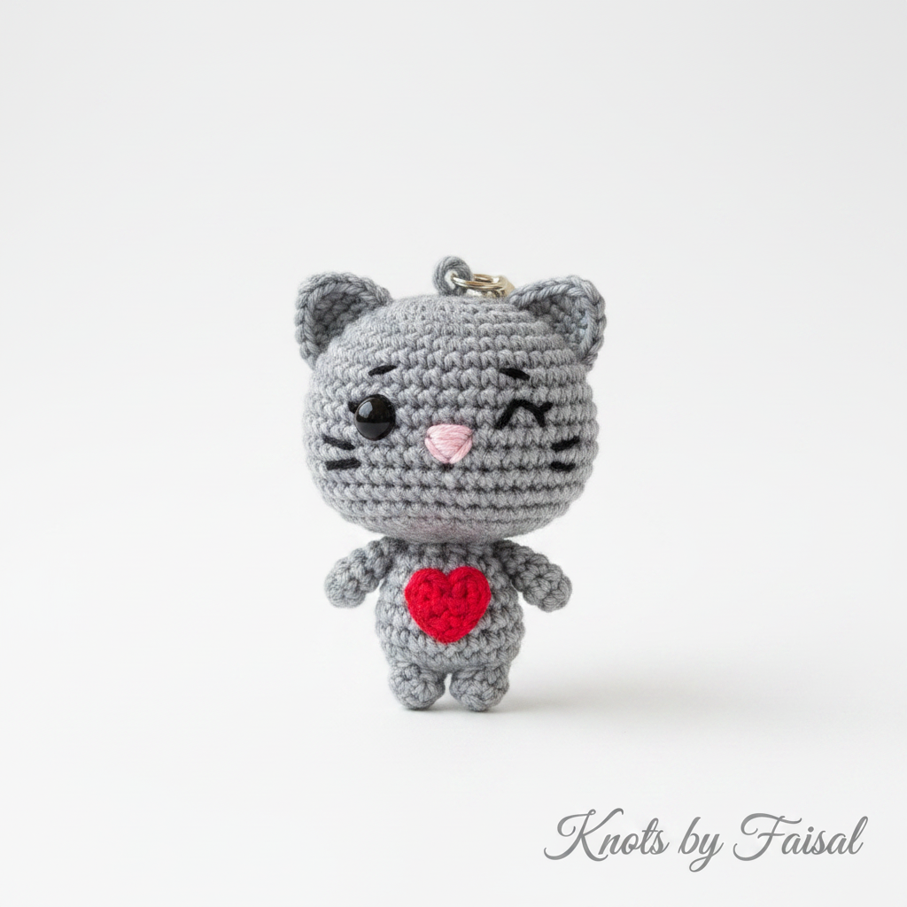Grey crochet cat keychain by Knots by Faisal