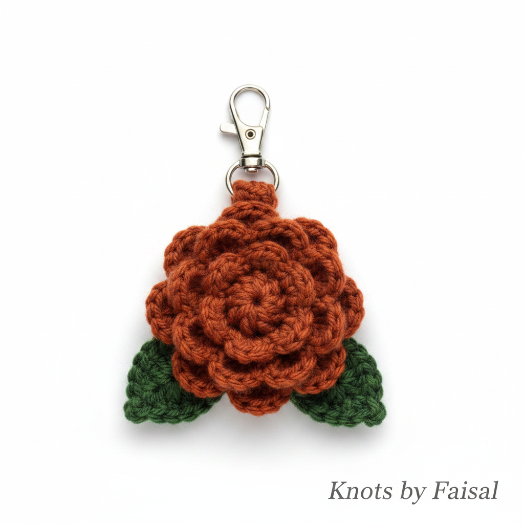 Dark orange crochet flower keychain by Knots by Faisal