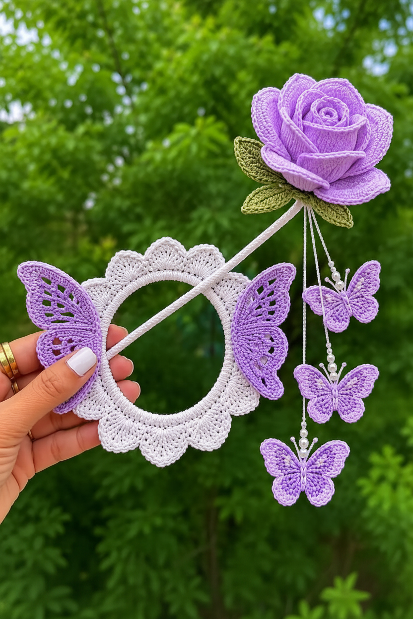 Crochet Butterfly Rose Hair Clip - Purple product shot clean